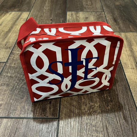Bella Amore Handbags - SJE Monogram Christian Cross Red Geo Lattice Cosmetic Toilette Travel Bag NWT